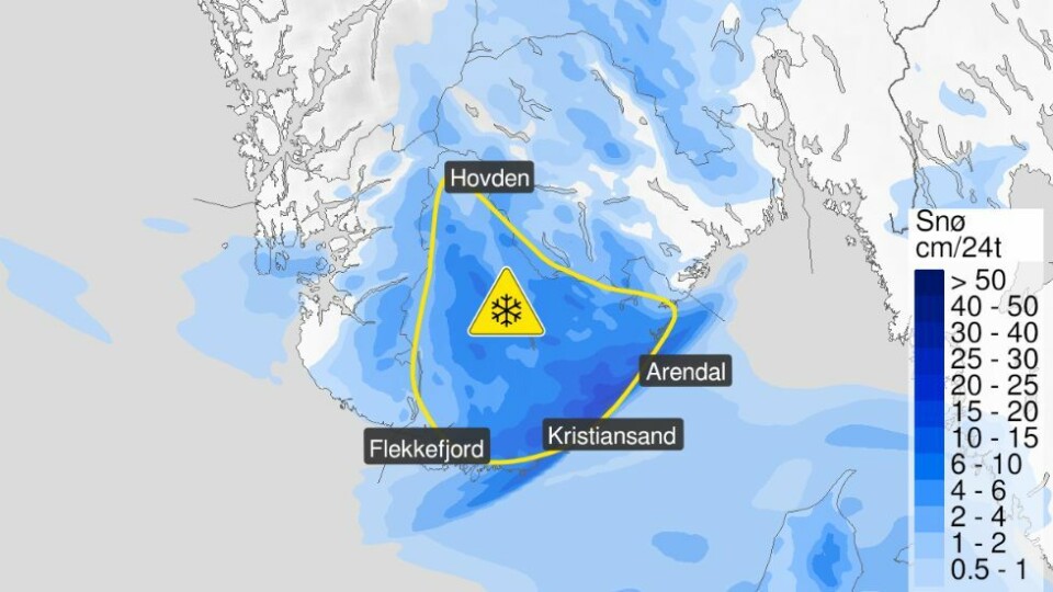 Varsler mye snø søndag