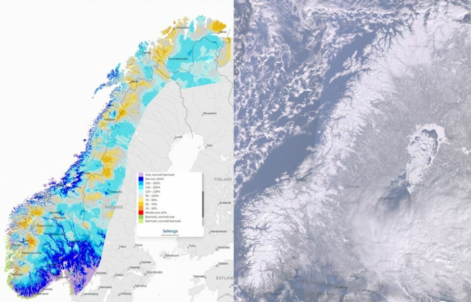 Senorge´s snøkart som viser snømengdene i landet onsdag. Blått er mye snø.