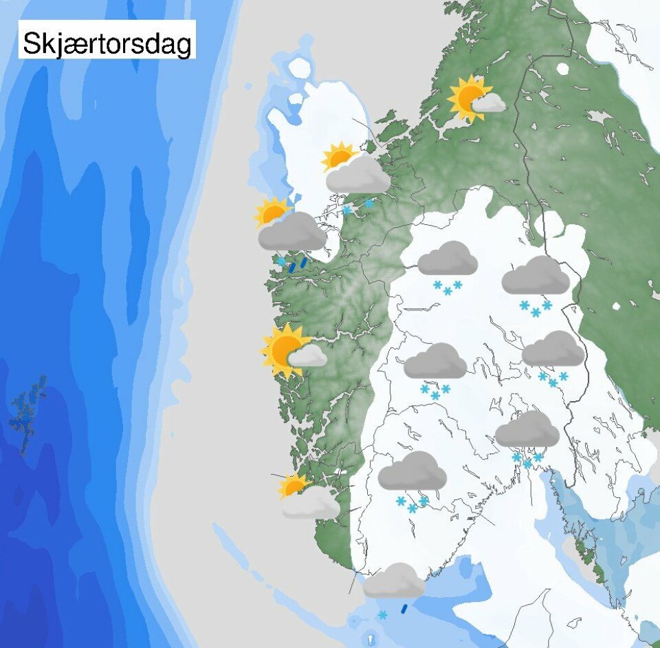 På Sør- og Østlandet kan det komme nysnø torsdag. Illustrasjonen viser hvilke områder meteorologene mener det kommer snø.