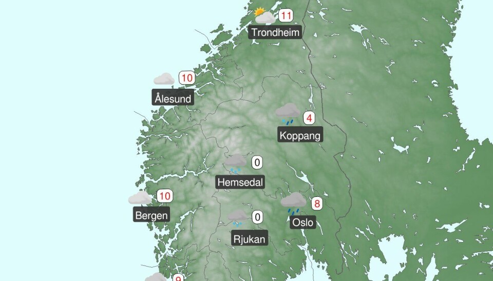 Værkartet for Sør-Norge utstedt tirsdag ettermiddag.