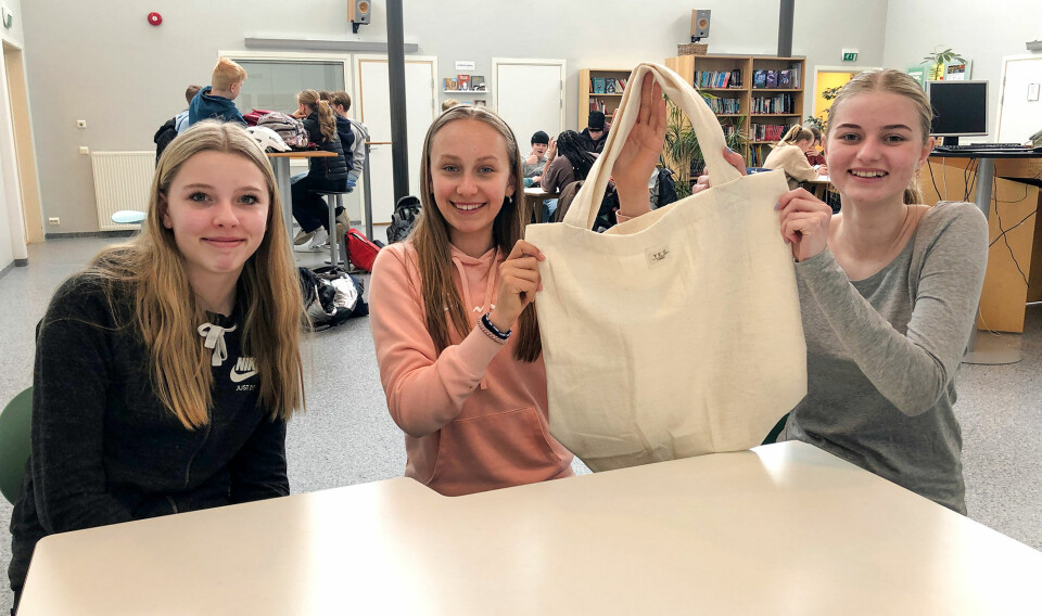 Disse blide jentene har etablert bedriften «Handlenett og Gjenbruk». Her viser de ett av de mange handlenettene de har laget. Fra venstre Linnea Lindebø Teigen, Hannah Linnea Eidem og Mari Abrahamsen.