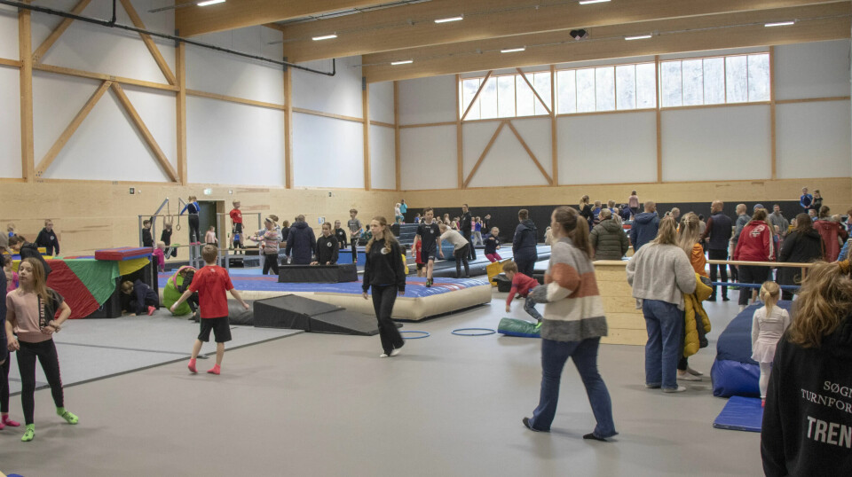 Turnhallen på Tangvall lørdag. Det er aldersgruppen fra seks til ni år som var i aktivitet da dette bildet ble tatt.