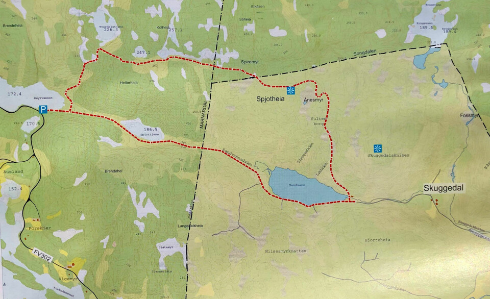 Kart over Spjotheia-rundt løypa og anbefalt parkering ved Røyrvann.