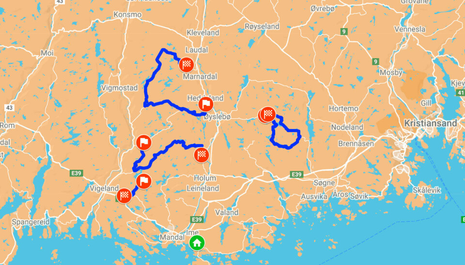 Kart over fartsetappene lørdag. Kart over fartsetappene lørdag.