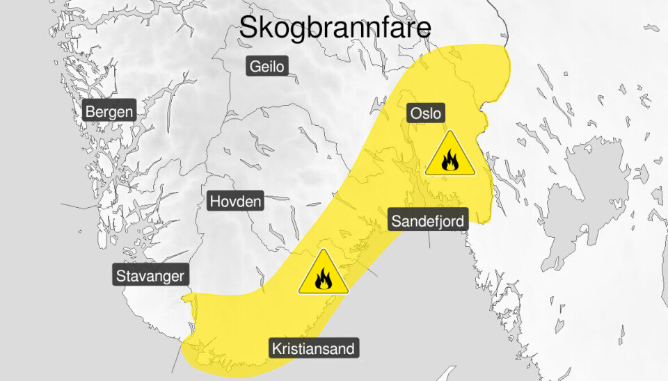 Området som det er sendt ut fare for skogbrann de kommende dagene. Området som det er sendt ut fare for skogbrann de kommende dagene.