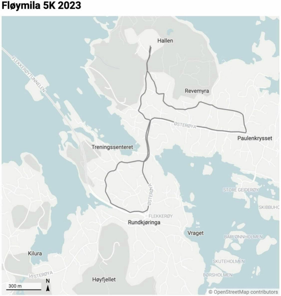 Kart over løypene som skal løpes på Flekkerøy lørdag.