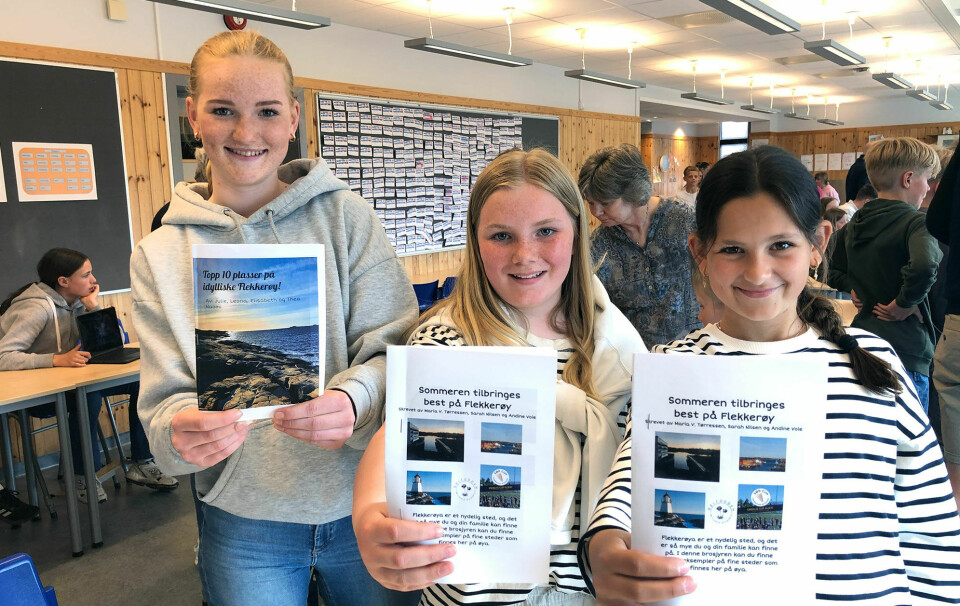 Sarah, Andine og Maria Viktoria har laget katalogen med tittelen «Sommeren tilbringes best på Flekkerøy». De har også stelt mye med miniatyr-utgaven av øya.