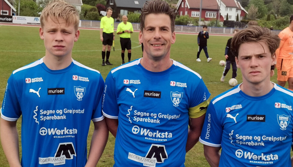 Søgnes målscorere fra venstre: Jonas Seim, Ditlef Ueland og Hansi Enoksen. Søgnes målscorere fra venstre: Jonas Seim, Ditlef Ueland og Hansi Enoksen.