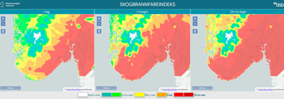 skogbrannvarsel.met.no sendte ut dette varselet tidligere torsdag som viser rødt farenivå fra og med fredag.