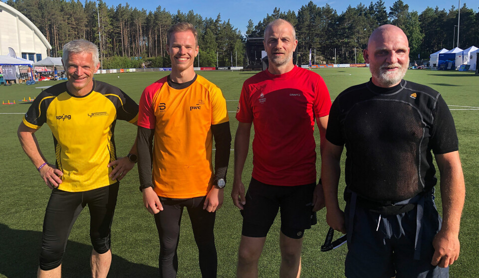 Arild Thomassen fra Lyskomponenter (t.v.), Theodor Hæstad fra PWS og Gisle Handegaard og Jan Bang Henningsen fra Hennig Olsen Is tilbrakte mange timer på Cemo Arena i helgen.