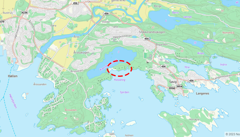 Kartet viser hvor speiderhytta ligger. Parkering skjer i området ved Langenes skole.