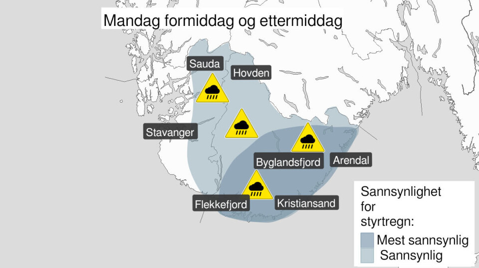 Farevarselet som Meteorologisk Institutt sendte ut søndag formiddag.