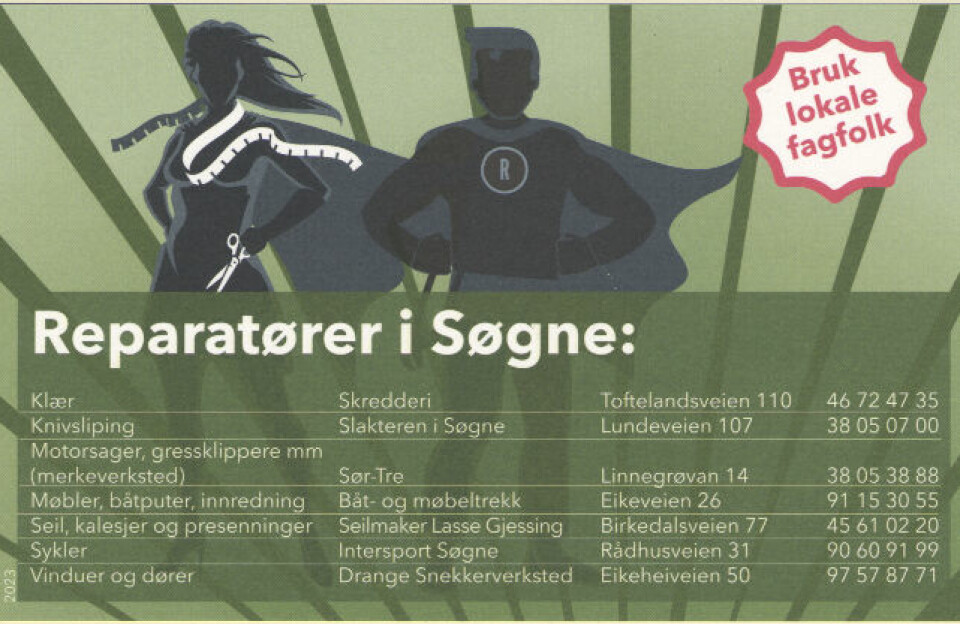 Reparatørkort for Søgne, deles ut av MDG i valgkampen foran lokalvalget høsten 2023.