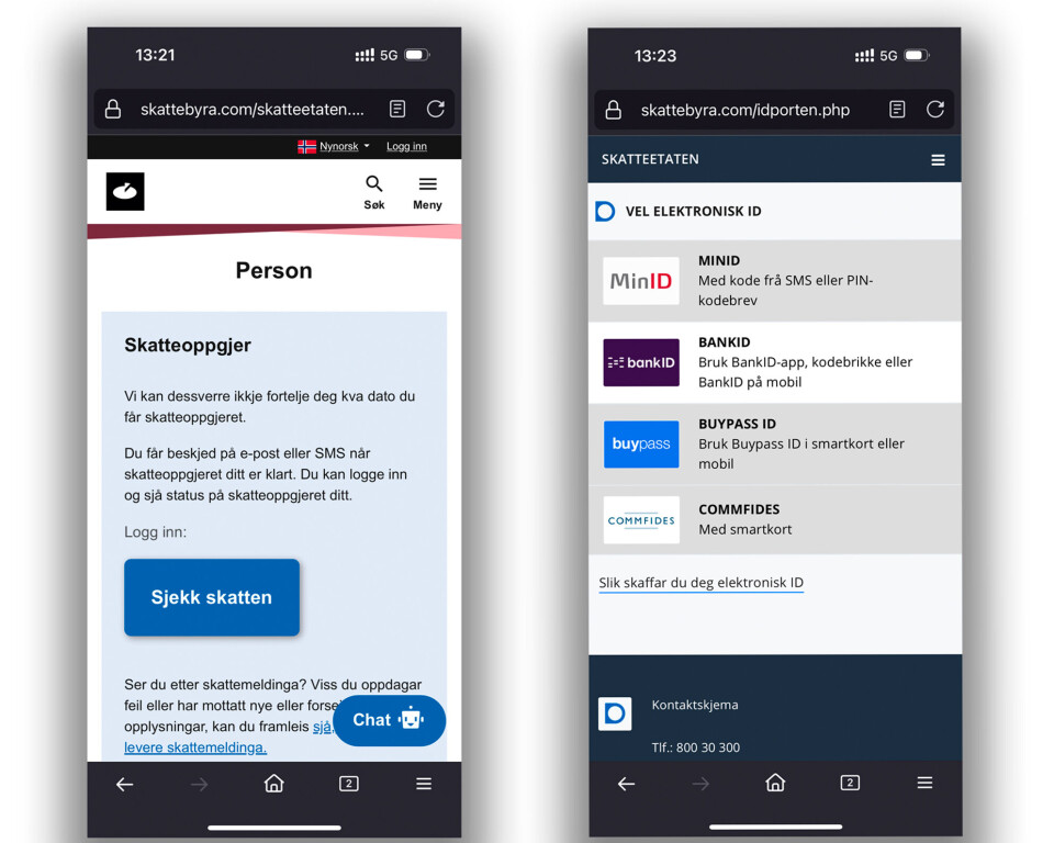 Nettside som later som det er Skatteetatens nettsider. Legg merke til «skattebyra.com» i URL-feltet som signaliserer at dette er en falsk nettadresse.