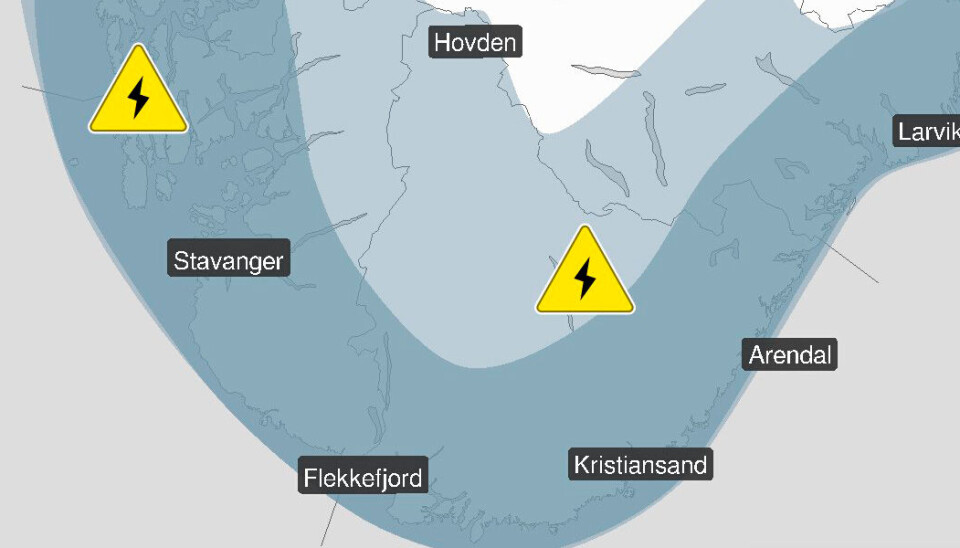 Det mørkeste feltet viser hvor sannsynligheten for lyn og torden er størst. Det mørkeste feltet viser hvor sannsynligheten for lyn og torden er størst.