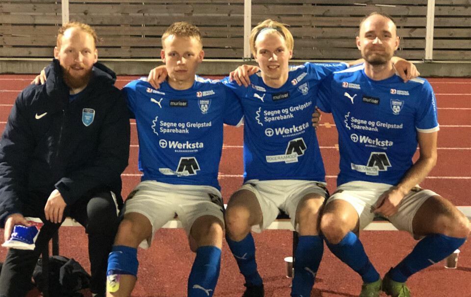 Fornøyde målscorere. Fra venstre Jarle Rogstad, Jonas Seim, Kevin Johansen og Fredrik Haldorsen.