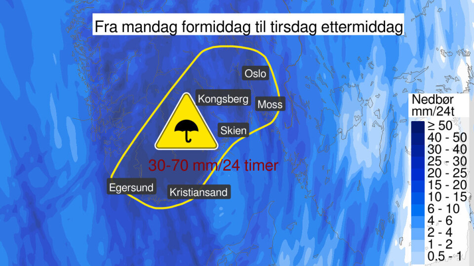 Søndag sendte meteorologene ut et trippelt farevarsel for mye regn, flomfare og kuling mandag og frem til tirsdag ettermiddag.
