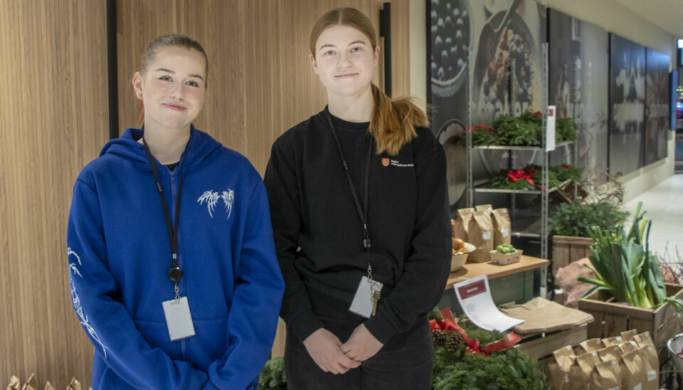 Karine og Ronja fra naturbruk på Søgne videregående skole hat tatt med seg elevbedriften fra veksthuset på skolen til kjøpesenteret Tangvall Arena.