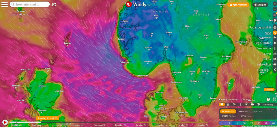 Illustrasjonen viser vindsituasjonen torsdag klokken 12.00.