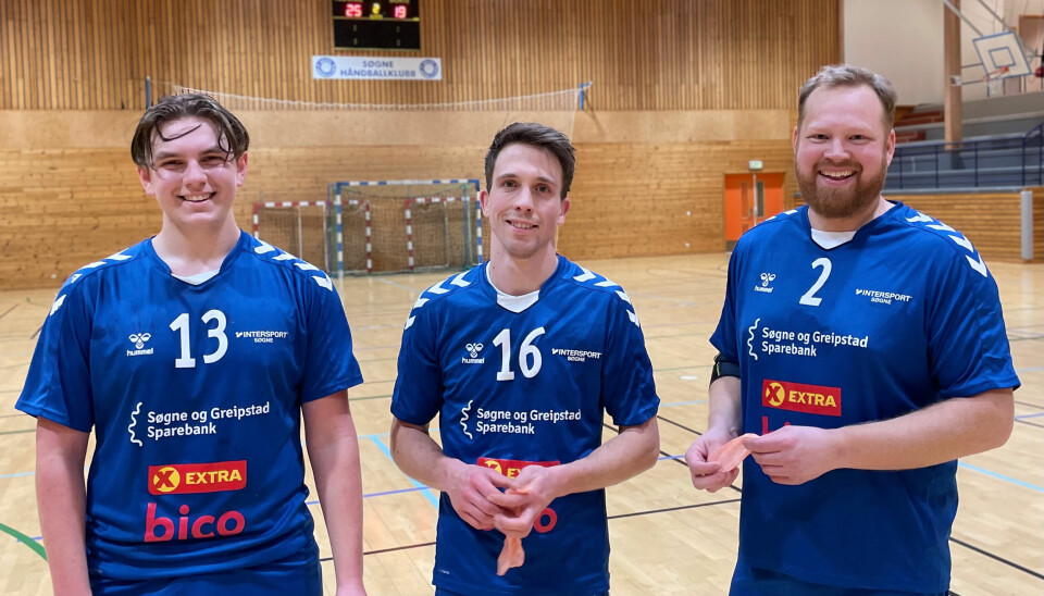 Gode og fornøyde Søgne-spillere fra venstre Mads L. Engenes, Torstein Lia Stålesen og Arne Thomas Nygård.