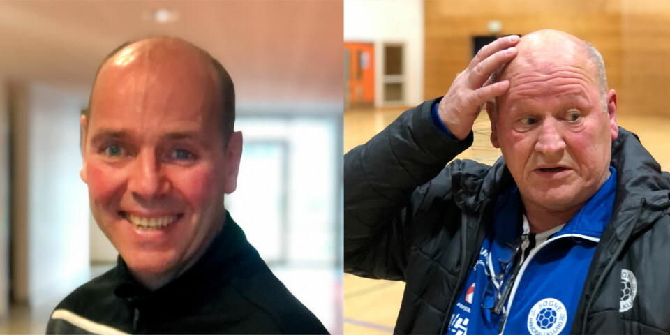 Greipstad-trener Frode Flatland (t.v.) og Søgne-trener Bjørn Hagen.