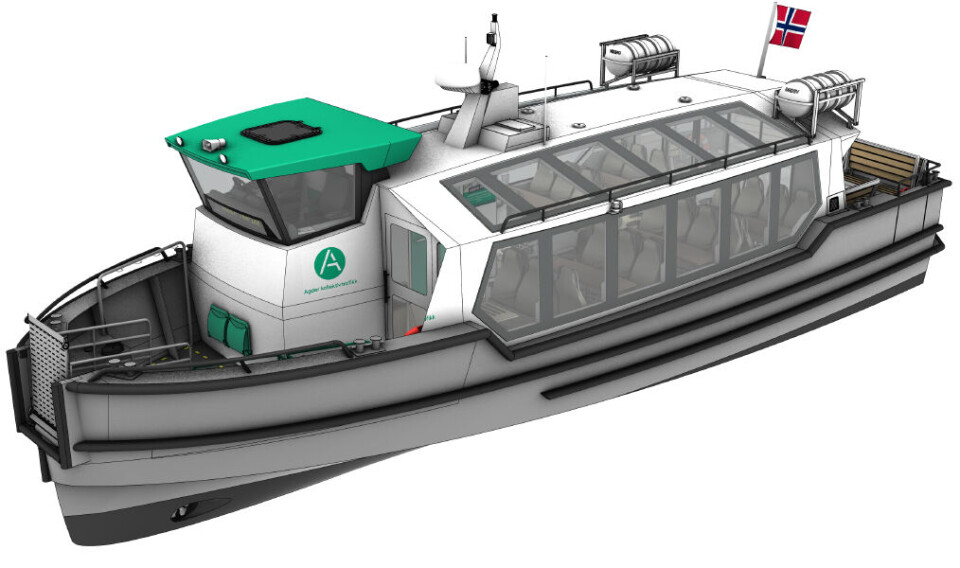 Skisse av båtene som Fjord Shuttle får bygget ved verftet Kewatec for trafikk i Søgne-skjærgården fra sommeren 2025.