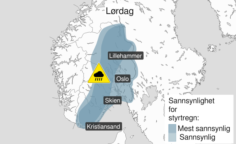 Farevarsel for styrtregn lørdag