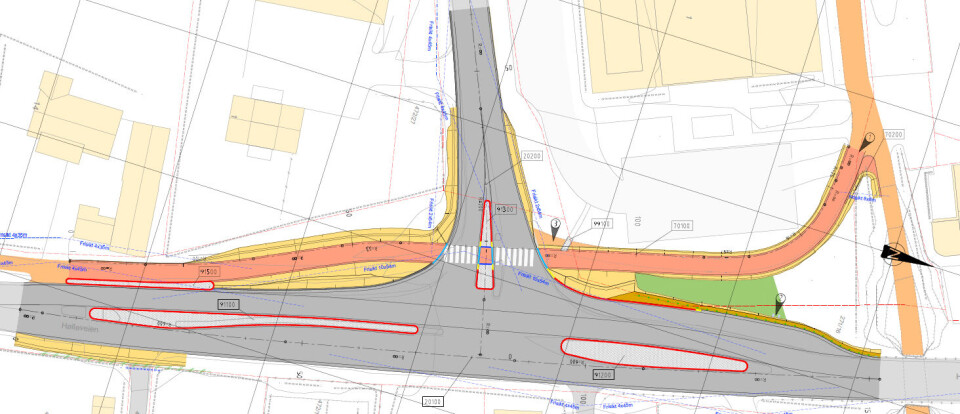 Skisse som viser kjørefeltene i det lysregulerte krysset.