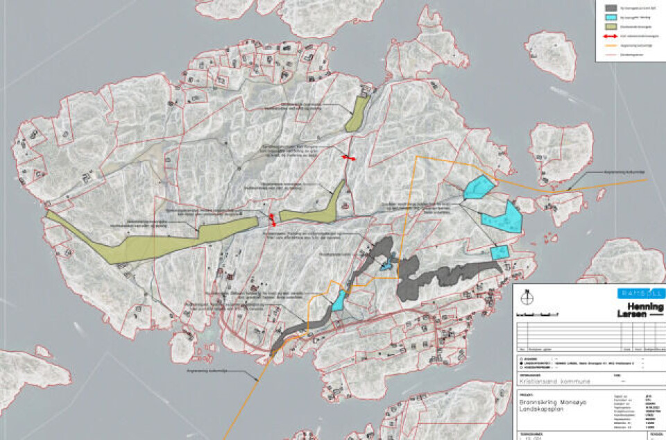 Skjøtselsplan for Monsøya. Det er det grå feltet nærmest sundet, samt det blå feltet lengst til venstre, som skal ryddes i år. De grønne feltene, samt de tre blå feltene til høyre på kartet skal ikke ryddes.