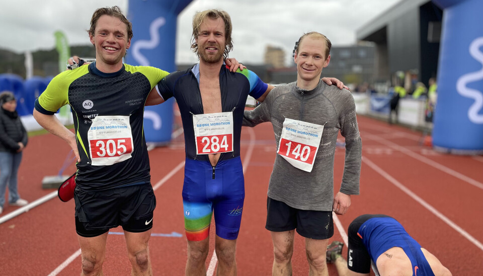 De tre beste herrene i langløype (pluss en totalt utslitt konkurrent) fra venstre Helge Eidnes, Magnus Aarestad og Anders Tveit.