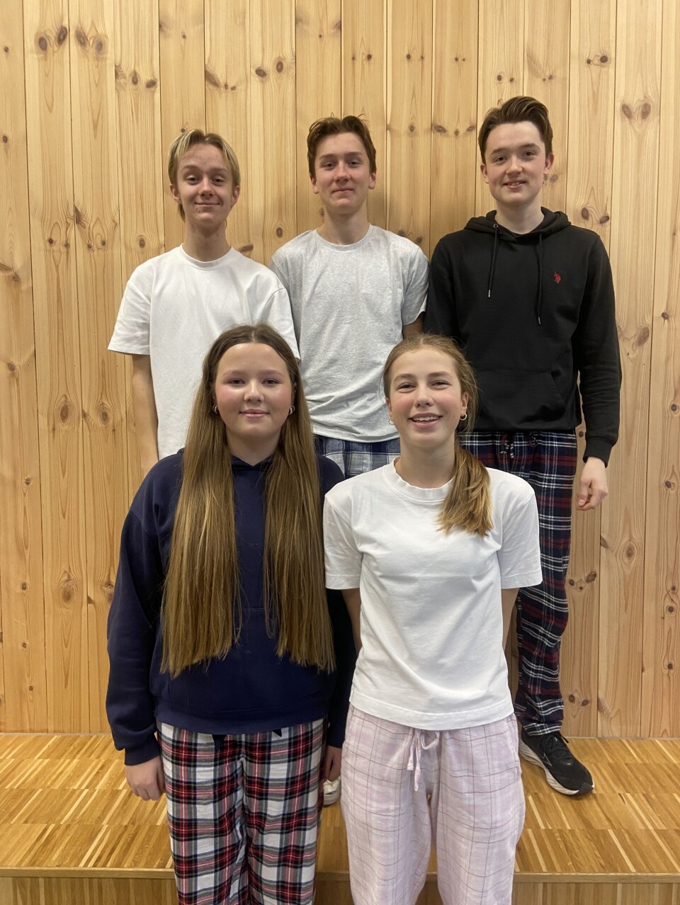 Fem elever har laget oppgavene og rigget rommet. Øverst fra venstre: Tobias Severinsen, Anton Nygård og Erik Andreas Karlsen Risan (10B). Nederst fra venstre: Ella Sofie Thorsen Pettersen og Tomine Espedal Larsen (9C).