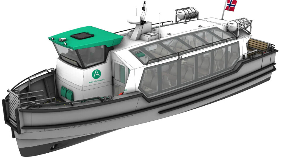 Skisse av båtene som Fjord Shuttle får bygget ved verftet Kewatec for trafikk i Søgne-skjærgården fra sommeren 2025