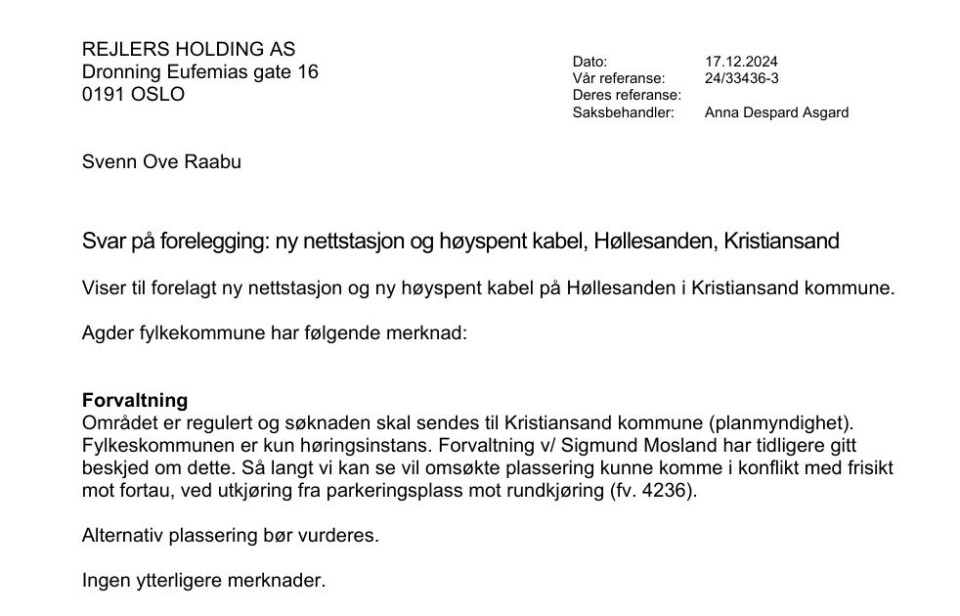 Fylkeskommunen ba om å vurdere en ny plassering av nettstasjonen.