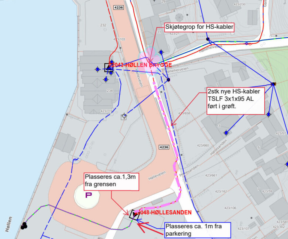 Oversikt over strømtilførsel og plassering av nye jordkabler. Arbeidet igangsettes innen kort tid.