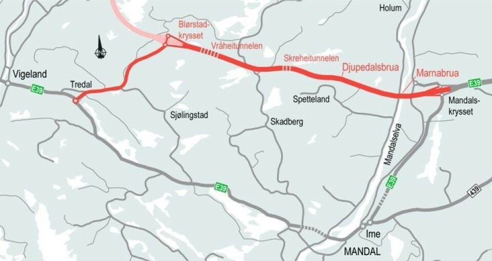 Kartet viser veilinjen fra Mandalskrysset til Blørstad.