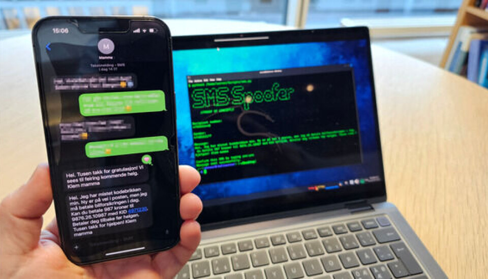 Tror du begge meldingene på denne mobilen kommer fra mamma? I bakgrunnen ser du den enkle programvaren som er brukt for å sende den falske av dem