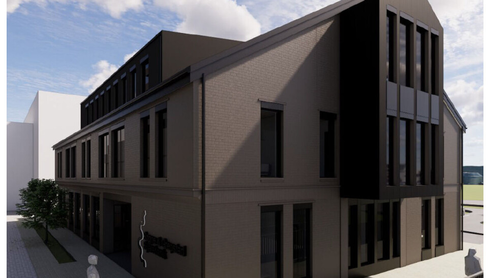 Slik vil det nye bankbygget se ut når det er ferdig rehabilitert på nyåret 2026. Teglsteinene beholdes, men får en ny farge.