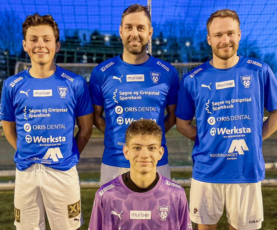 Det er store forventninger til at det 17 år gamle keepertalentet Marton Berenyi får en solid sesong, ettersom Søgne har skadeutfordringer på keeperplassen. Her avbildet sammen med Marcus Vassnes (t.v.), Morten Dalene og Martin Skaiaa.